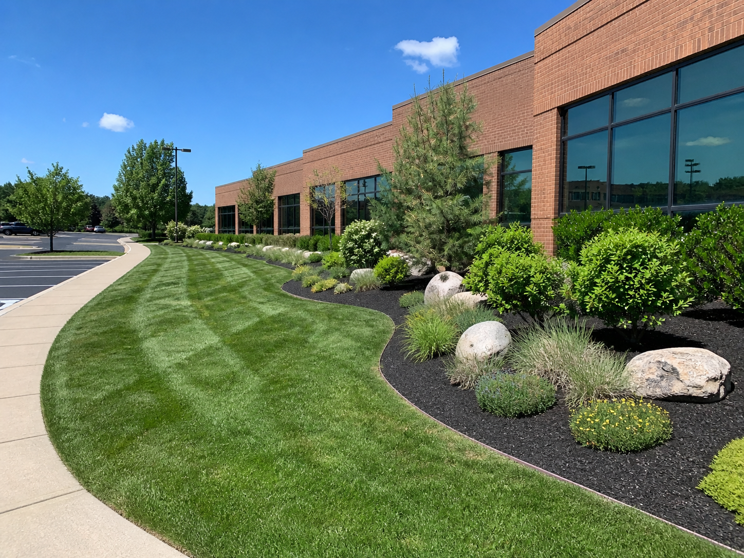 Commercial frontage with striped lawn and fresh black mulch beds