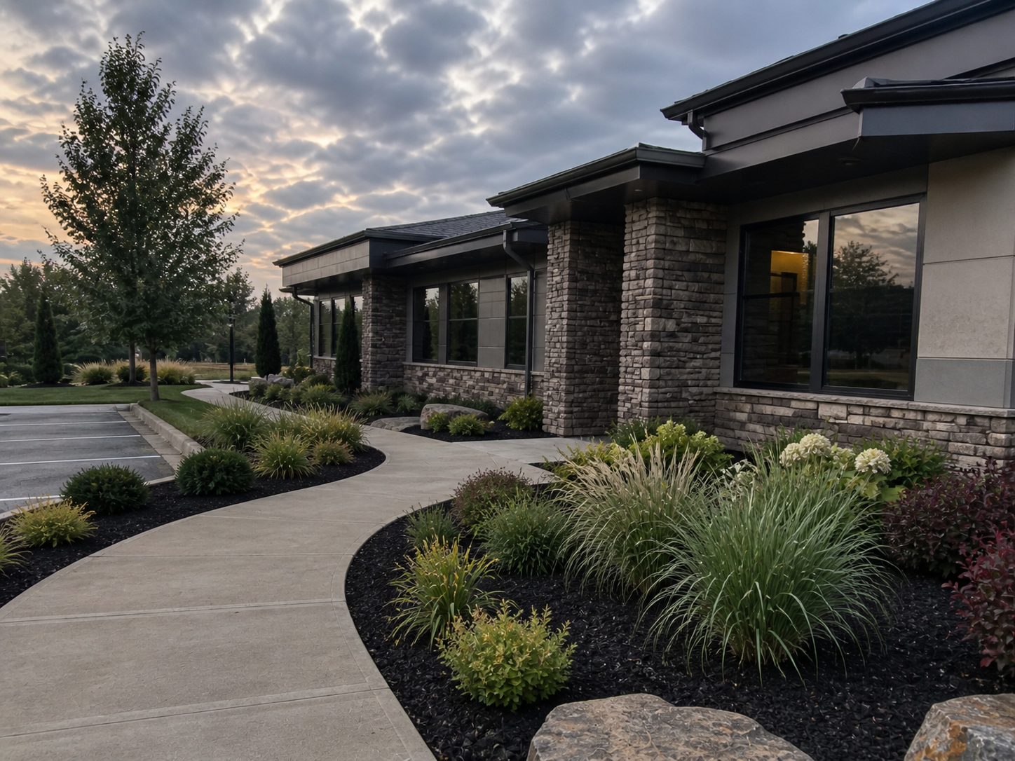 Commercial building with refreshed planting beds and clean walkway edges