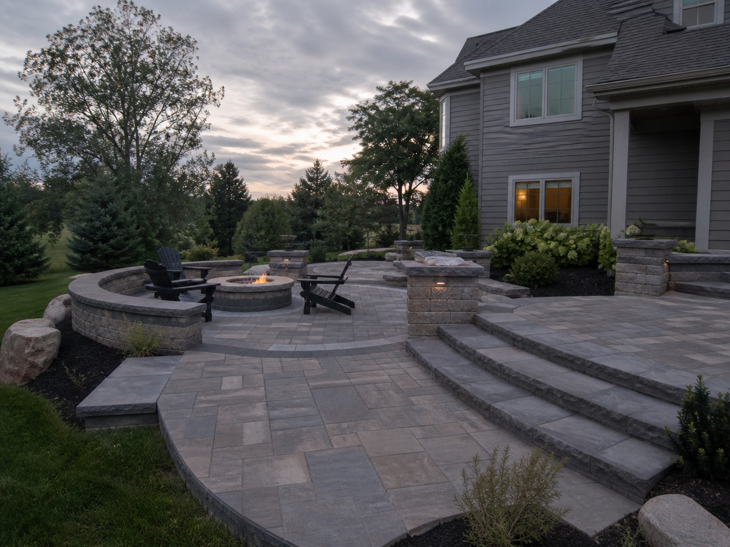 Backyard hardscape patio with fire feature and tiered steps