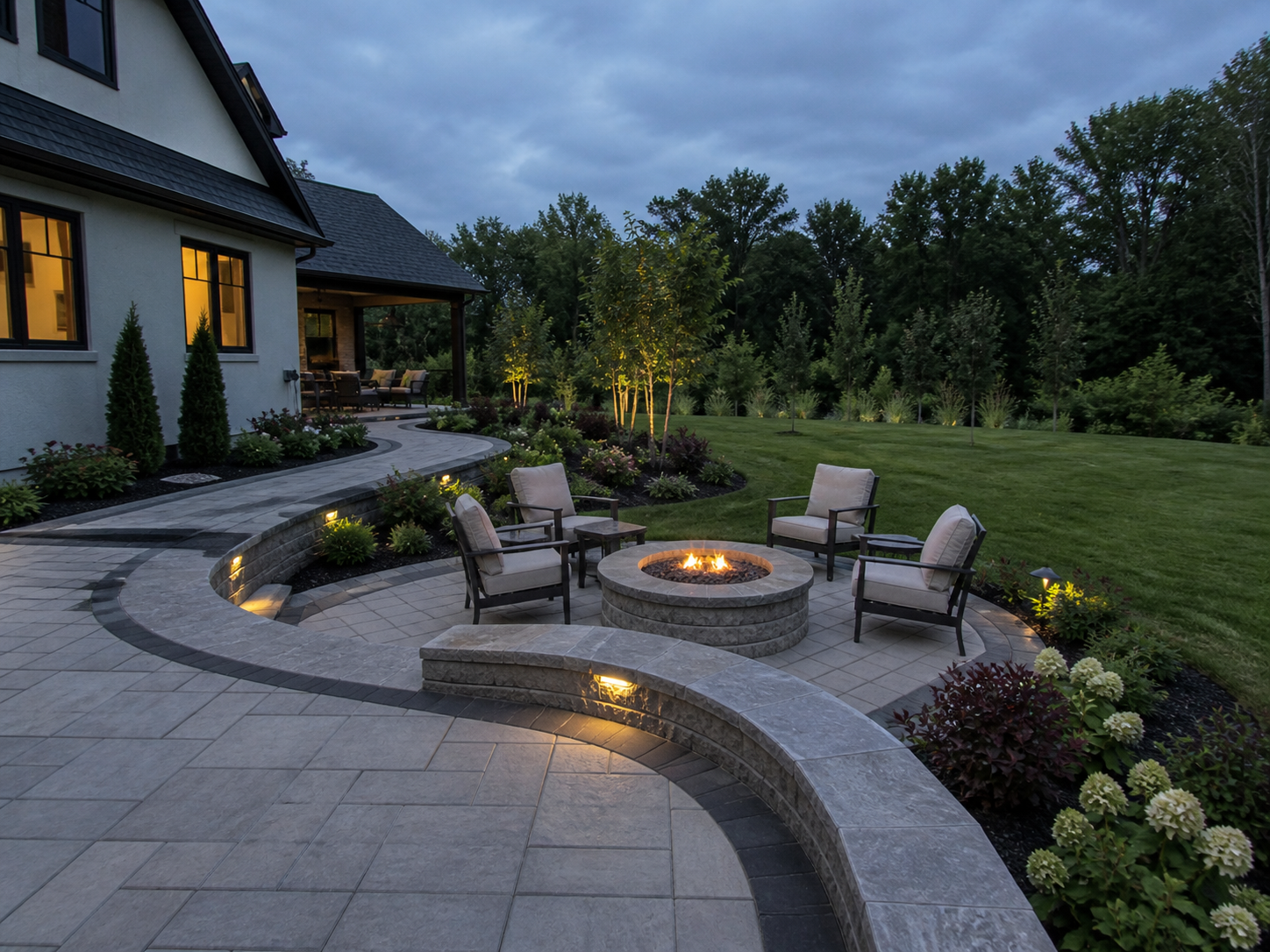 Outdoor patio with fire pit and integrated landscape lighting at dusk