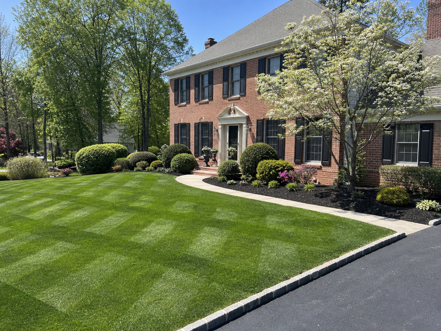 Residential front lawn with stripe pattern and fresh border definition