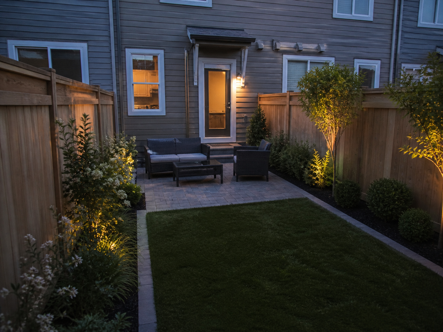 Small backyard patio with lighting and privacy fence
